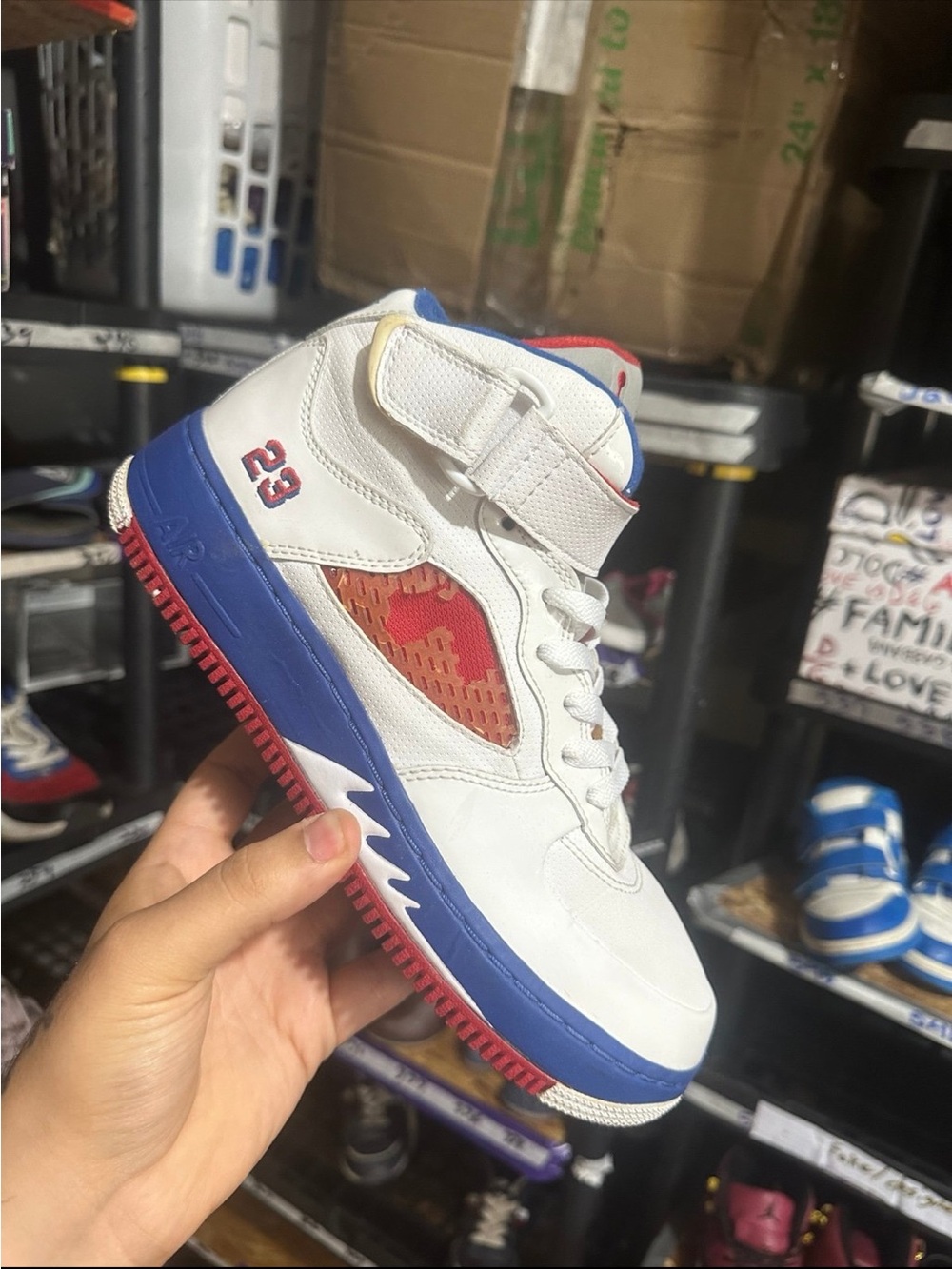 White High-Top Sneakers with Blue & Red Accents